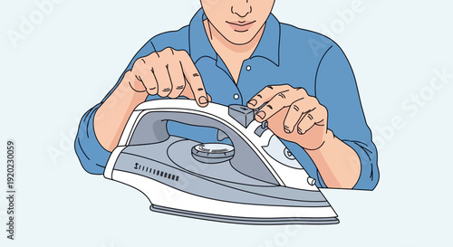 A person's hands adjusting the settings on a white and grey steam iron for laundry.