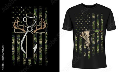 Hunting Fishing Faith Duck Hunting Hunter Camo USA Flag T-shirt Design