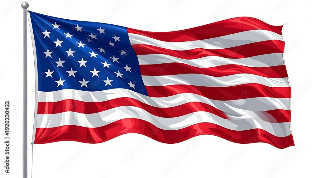 Obraz premium American flag waving illustration. Features red and white stripes with blue canton and white stars. Waving national banner for patriotism and celebration.