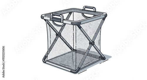 A detailed line drawing of a collapsible mesh laundry hamper with handles and an X-frame support structure.