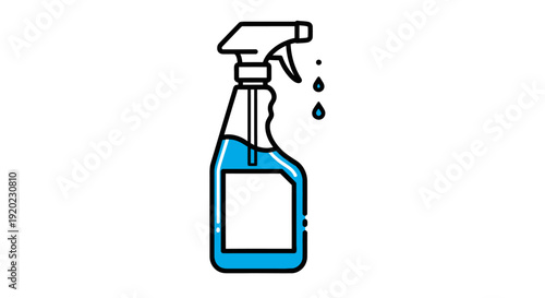 Line art illustration of a blue spray bottle with liquid droplets, used for cleaning or misting.