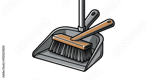 An illustration depicting a gray dustpan with a long handle and a wooden brush with bristles, commonly used for sweeping and cleaning floors.