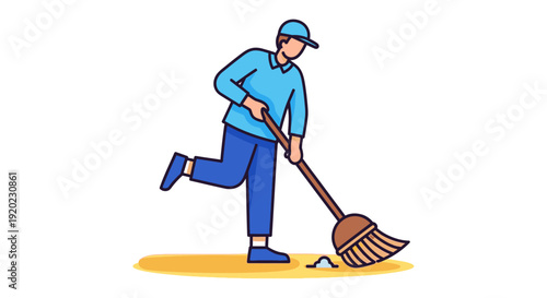 A person in blue uniform sweeping the ground with a broom, cleaning up dirt.