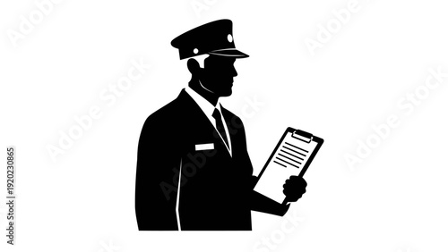 Silhouette of a uniformed man holding a clipboard.