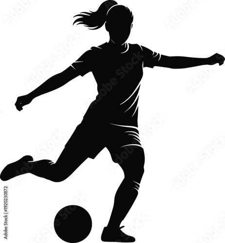 Female soccer player silhouette kicking ball, dynamic football action pose, black isolated vector illustration, women sports concept