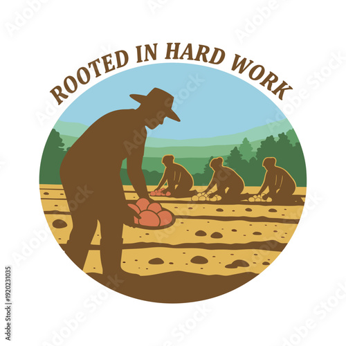A vintage style illustration depicts farmers harvesting crops in a field symbolizing dedication and rural life high quality