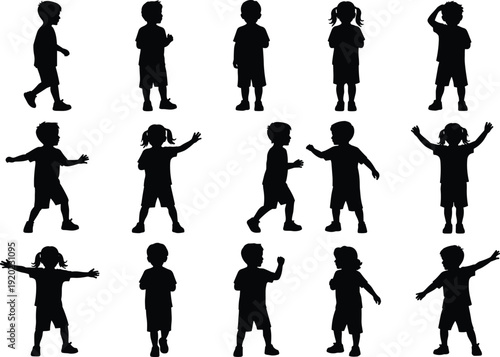Kids playing silhouettes collection, children standing waving and interacting poses, black isolated vector illustration set