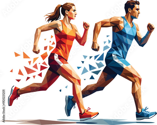 Low poly running athletes illustration, male and female runners sprinting, colorful geometric sport art, isolated modern fitness concept