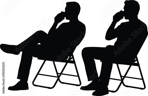 Man drinking beverage silhouette set, seated male person holding cup, black isolated vector illustration, relaxed lifestyle concept collection