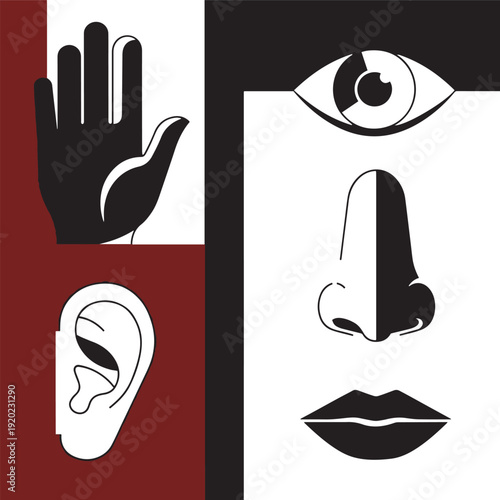 Black and white of human senses eye ear nose lips hand on red and black background