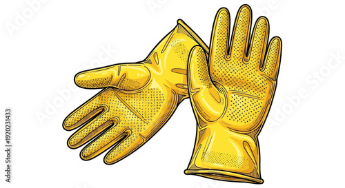 A pair of bright yellow rubber cleaning gloves, illustrated with textured palms and fingers, ready for household chores.