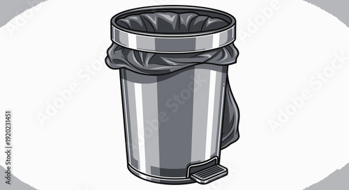 A black and white illustration of a metal trash can with a foot pedal and a black garbage bag liner.