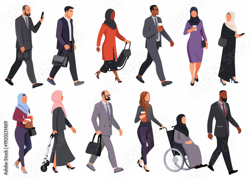 Diverse group of people walking including business professionals and individuals