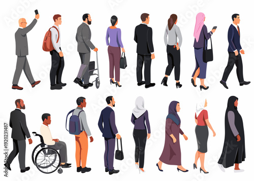 Diverse group of people walking including individuals with disabilities