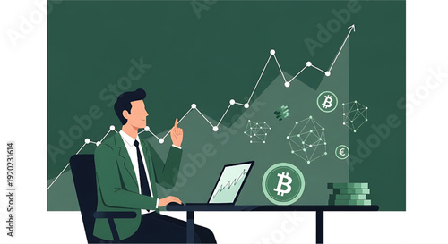 Businessman analyzing cryptocurrency market trends and financial growth chart for investment success strategy