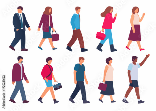 Diverse group of people walking in various casual and business attire