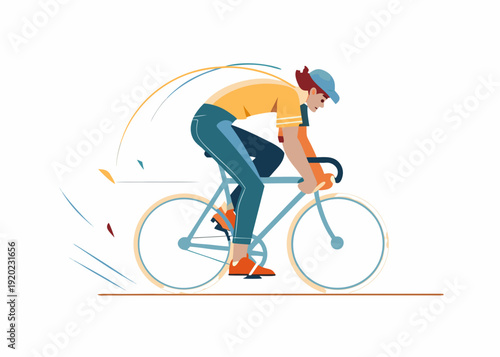 A cyclist with red hair rides a bicycle with speed and determination