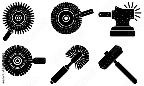 Collection of industrial tools including brushes, grinders, and hammers displayed in a grid arrangement
