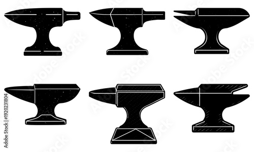 Various black metalworking anvils illustrated from different viewpoints on a white background