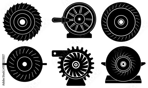 Collection of industrial gears and mechanical parts illustrations displayed on a white background from various viewpoints