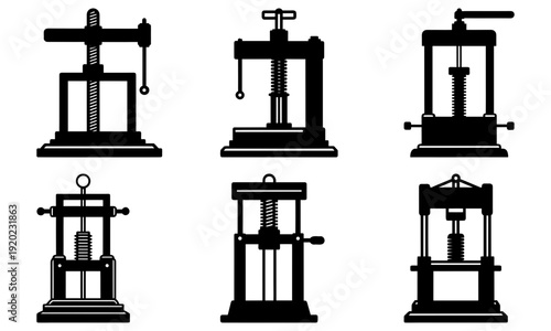 Various mechanical presses depicted in black silhouettes against a plain white background
