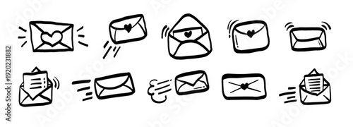 Set of hand drawn envelope and love letter icons