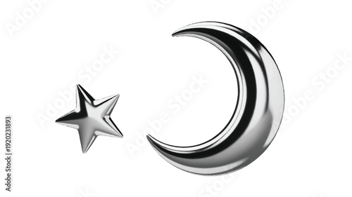 Metallic Crescent Moon and Star Isolated on White Background, Symbolic Representation of Celestial Bodies and Astronomical Phenomena