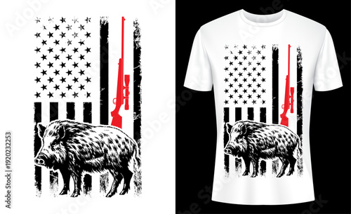 Patriotic American USA Flag Boar Hunting Wild Hog Hunter T-shirt Design