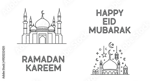 Eid mubarak and ramadan kareem greetings with mosque imagery silhouette