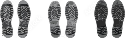 Shoe sole footprints collection, realistic boot tread marks set, black isolated vector illustration for forensic and tracking concept