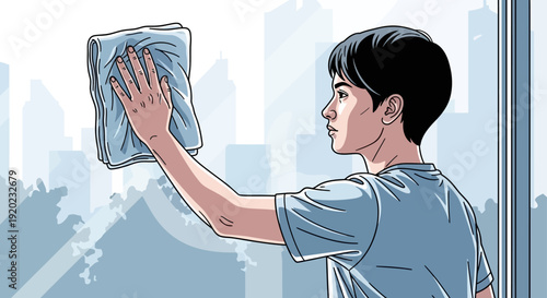 A young man diligently cleans a window with a blue cloth, looking out at a city skyline.