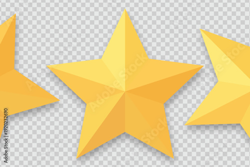 Three golden yellow stars with faceted 3D shading isolated on transparent background symbolizing rating and review