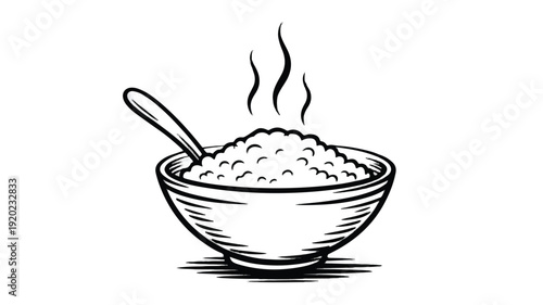 A steaming bowl of rice with a spoon, showcasing a simple and wholesome meal in a sketch-style illustration