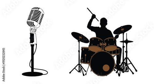 Drummer playing near a vintage microphone black silhouette