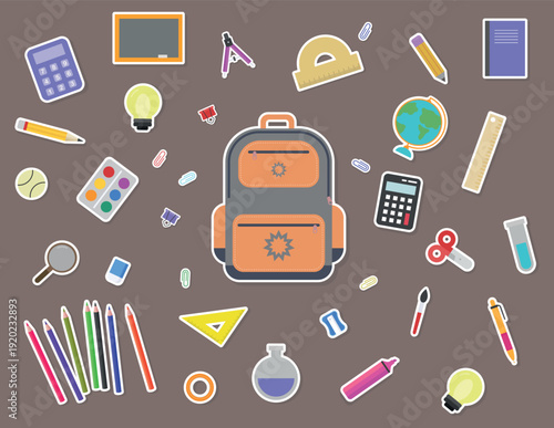 Cute school supplies stickers set with books, pencil, scissors, ruler, calculator, paint and fruit on brown background. Flat cartoon education illustration for back to school design and print.