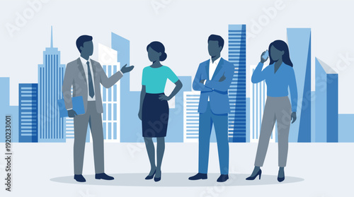 Business Professionals and Corporate Team Members Working in Modern Cityscape Background with Blue Skyscrapers, Flat Vector Graphic Illustration