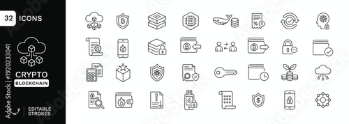 Editable Stroke Fintech & Cyber Security Line Icons Set – Blockchain, Digital Wallet, Cloud, Data Protection Outline Vector Collection