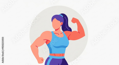 Strong woman flexing muscles in blue workout gear fitness and exercise concept with confident female illustration