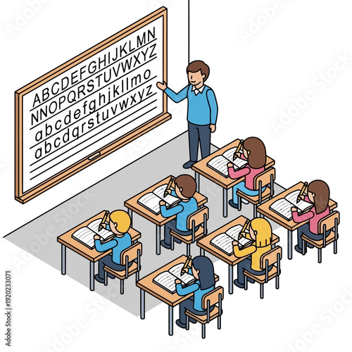 Teacher instructing students in a classroom with alphabet chart.