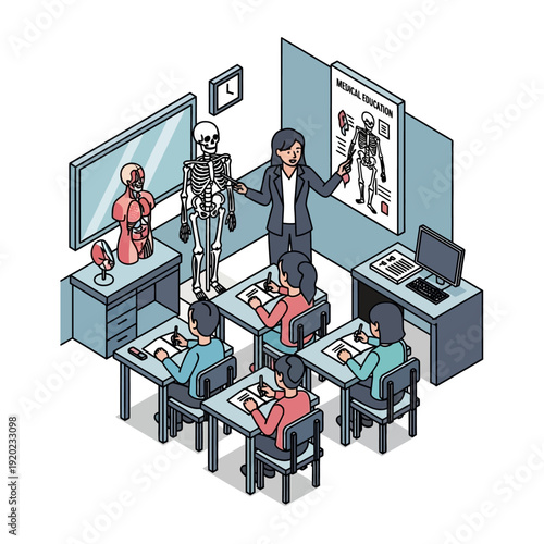 Teacher explaining robotics to students in a classroom with robotic models.