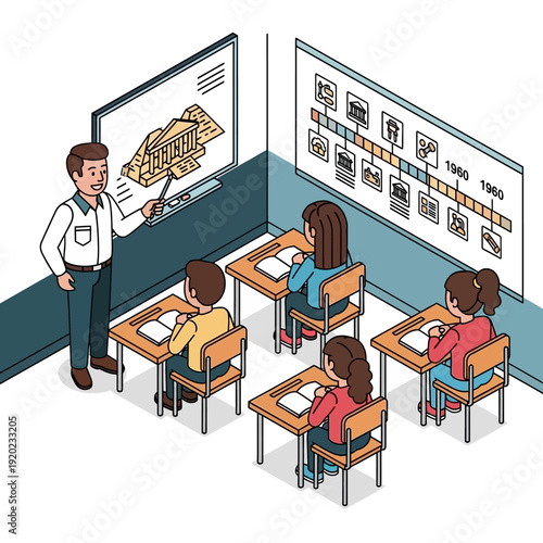 Teacher explaining lesson to students in a classroom with diagrams on the board.
