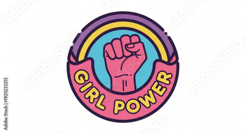 Colorful girl power emblem featuring raised fist and rainbow elements symbolizing female empowerment and solidarity in a vibrant graphic design