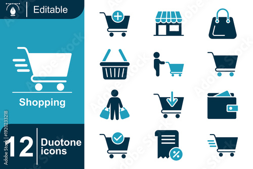 Collection of 12 duotone shopping and e-commerce icons including carts, baskets, and payment methods for online retail and store representation
