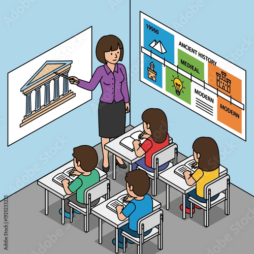 Teacher instructing students in a classroom with educational posters.