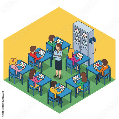 Students using computers in a classroom with a teacher supervising.