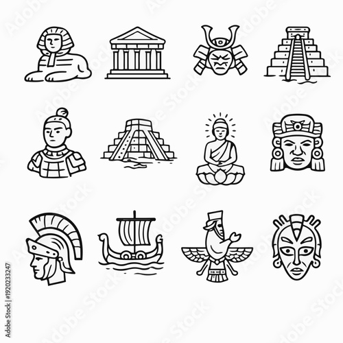 A compilation of artistic, linear illustrations of diverse cultural artifacts and figures from around the world.