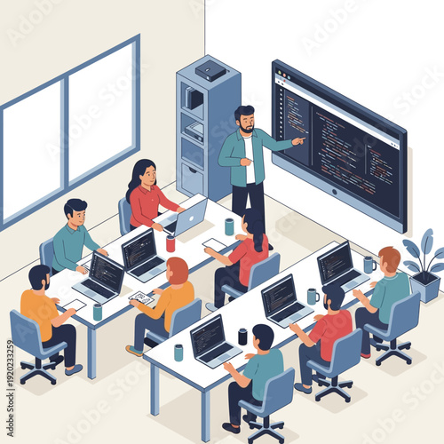 Team of software developers working together in a modern office.