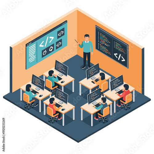 Computer programming class with instructor and students working on projects.