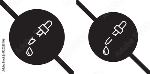 Dropper icon with falling liquid drops, symbolizes science, medicine, or beauty, black and white graphic.