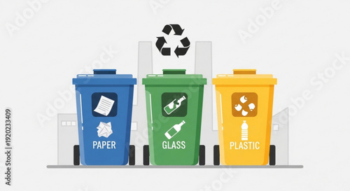 Recycling bins for paper glass and plastic in urban setting with recycling symbol